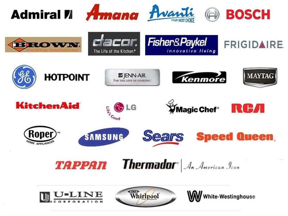 Appliance brands serviced by ASAP Appliance Repair, including Whirlpool, Maytag, GE, Samsung, LG, Bosch, Frigidaire, Kenmore, KitchenAid, Amana, Speed Queen and Thermador