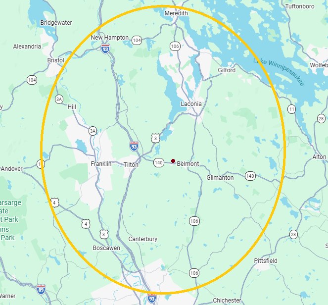Map of the ASAP Appliance Repair service area, centred on Belmont NH and covering Tilton, Sanbornton, Franklin, Loudon, Laconia, Gilford, Meredith and New Hampton